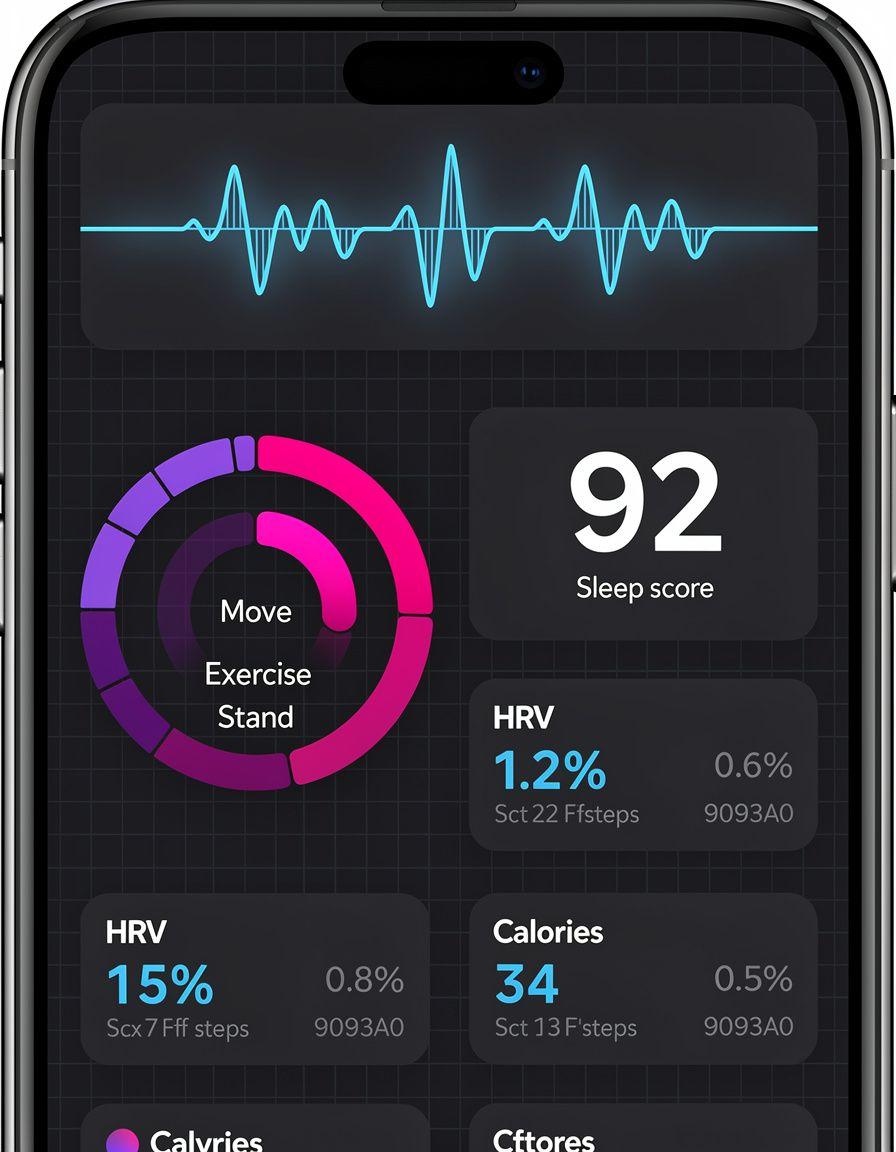 Скриншот мобильного healthtech-приложения с тёмным интерфейсом, отображающий мониторинг здоровья и аналитику биометрических показателей